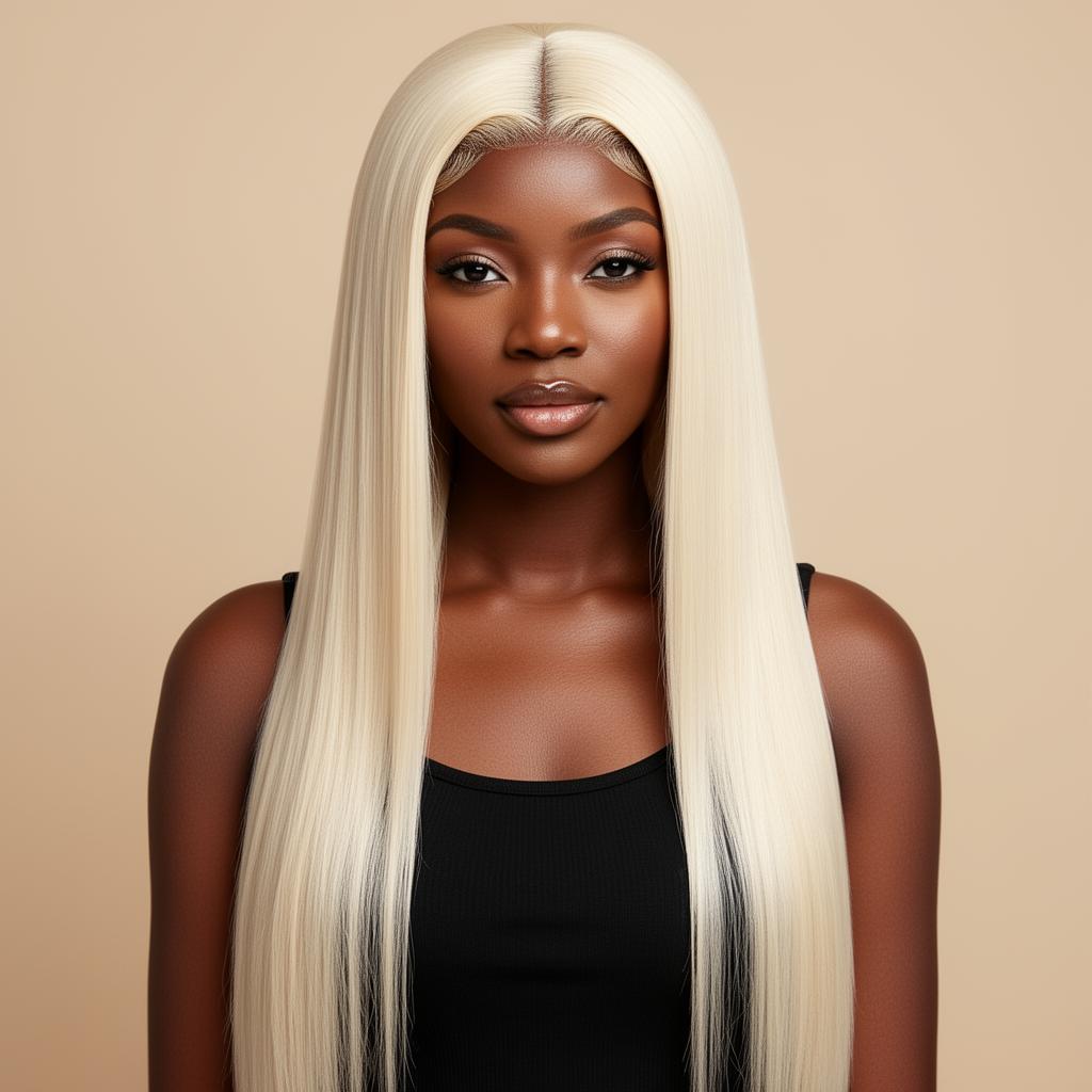 Straight 613 blonde HD lace wig — model wearing long sleek platinum hair