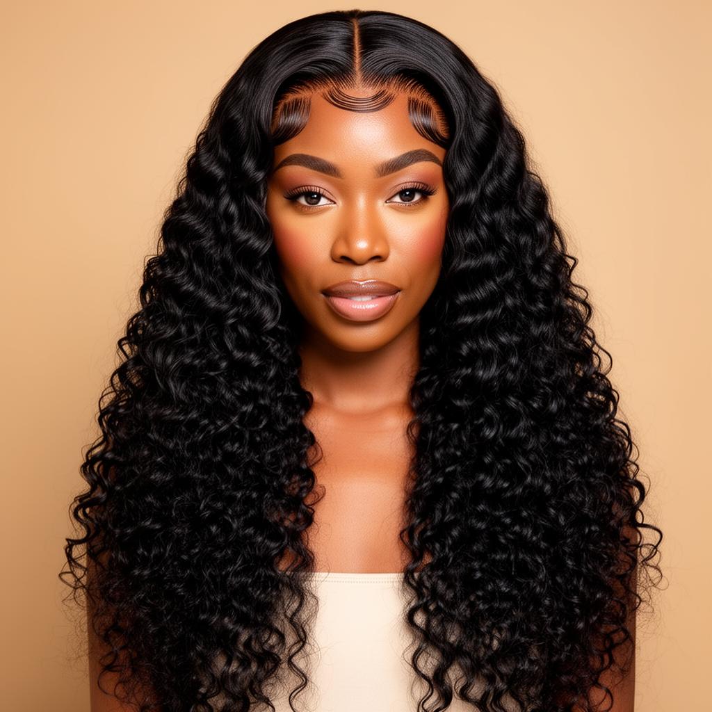 Natural black deep wave 13x6 HD lace wig — model wearing long bouncy deep wave curls