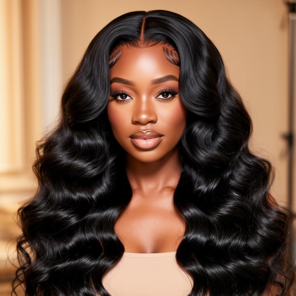 Natural black body wave 13x6 HD lace wig — model wearing long glamorous body wave hair