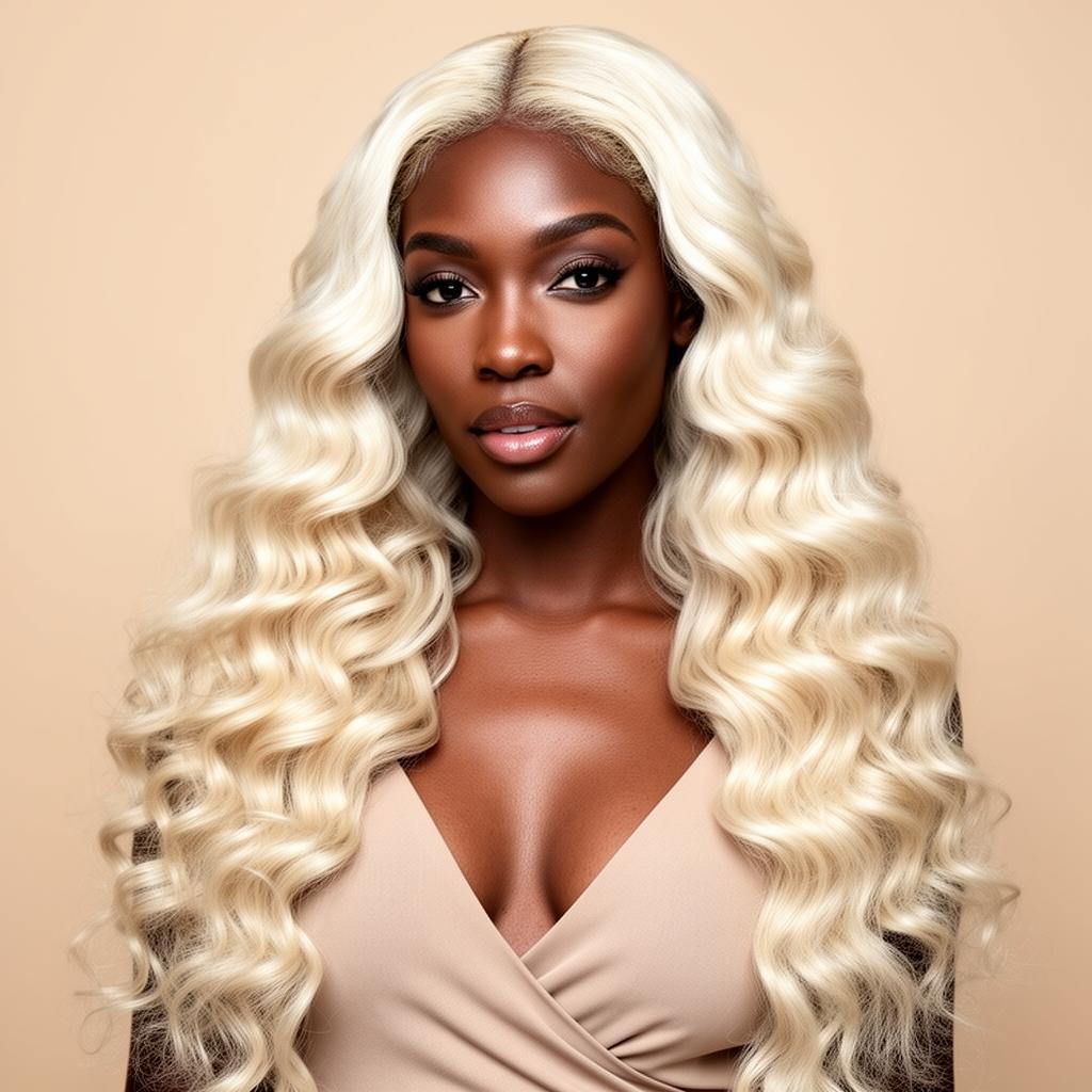 Body Wave 613 blonde HD lace wig — model wearing long platinum waves