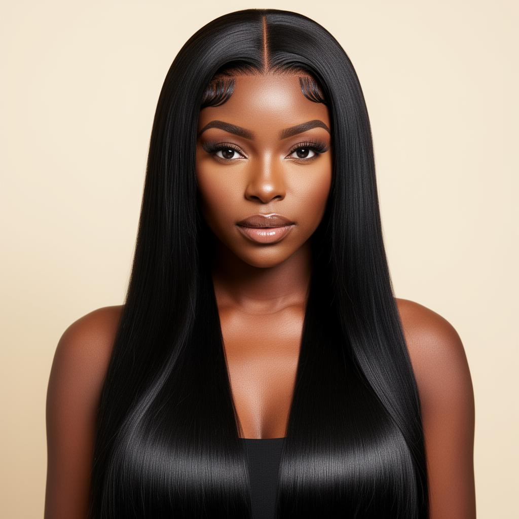 Natural black straight 13x6 HD lace wig — model wearing long glossy bone-straight hair