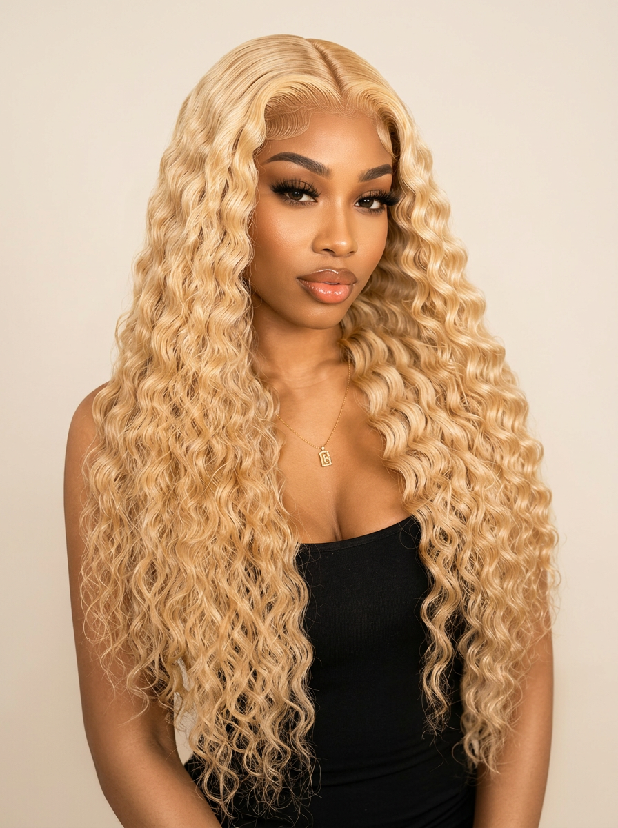 Deep Wave 613 blonde HD lace wig — model wearing long platinum curls